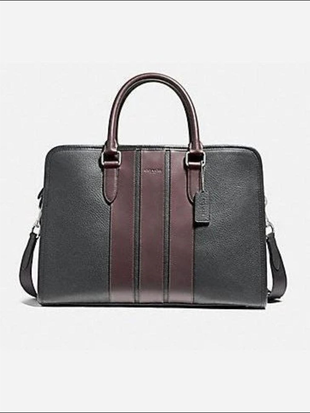 Coach Black Leather Briefcase with Burgundy Center Stripe